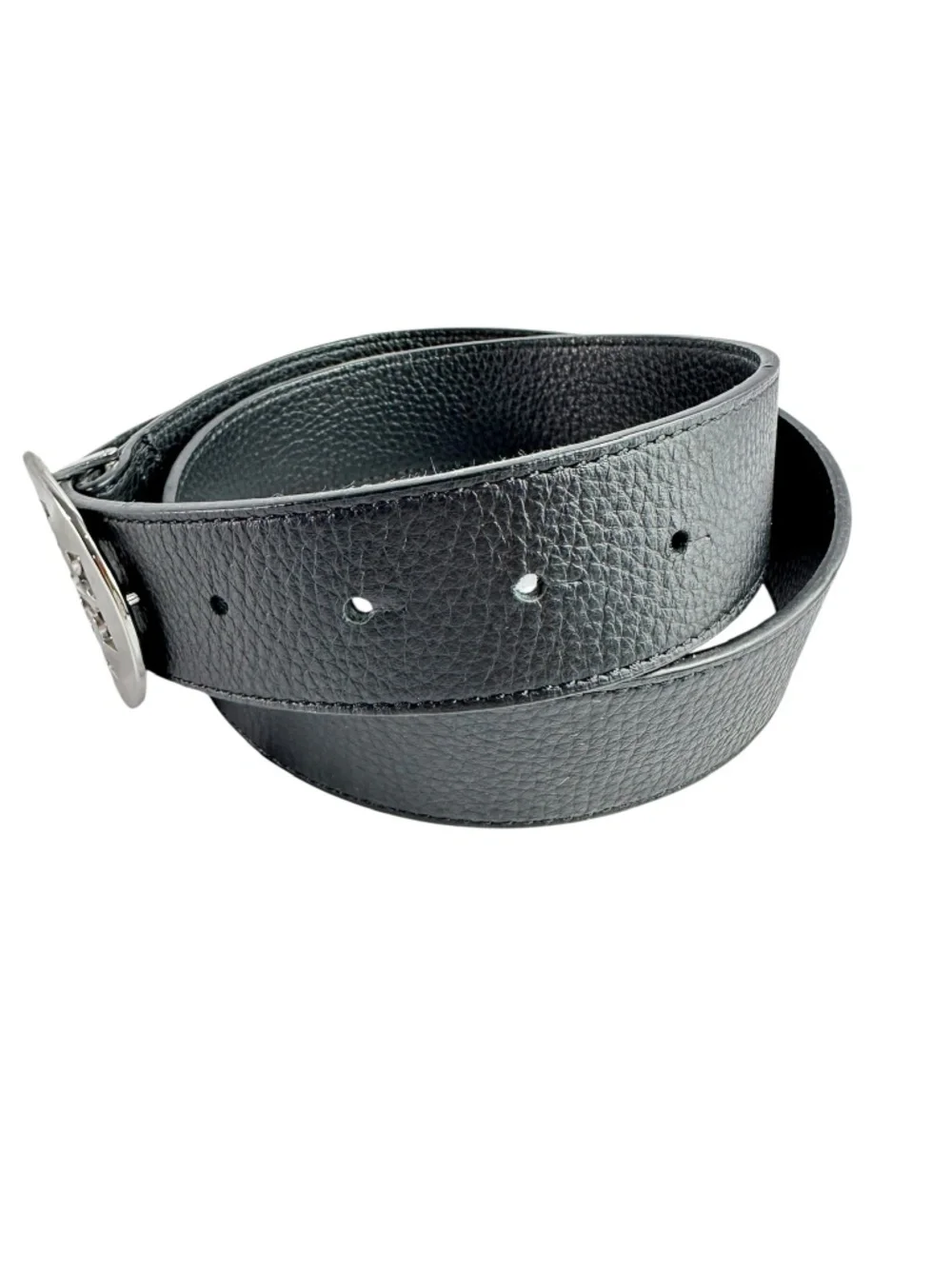 Genuine TORY BURCH Black Pebbled Leather Silver Logo Buckle Unisex Belt 32